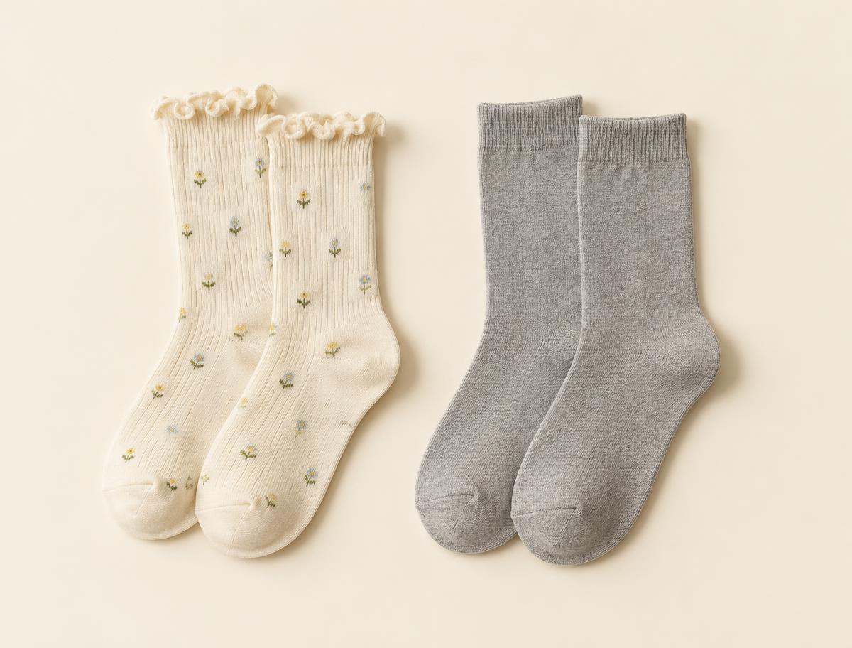 A playful frill sock beside a plain essential sock — the pair you buy and the pair we give